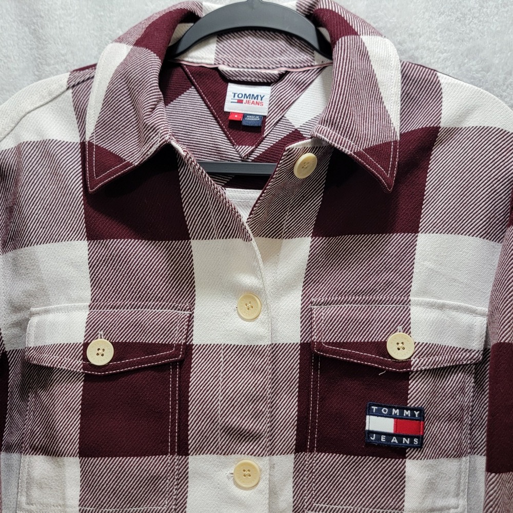 RARE Tommy Hilfiger Jeans Womens Jacket Size‎ Small BURGANDY WHITE CHECK Plaid